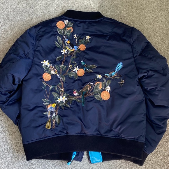 Navy Blue Embroidery Bomber Jacket with Blue Silk Lining - Picture 2 of 9